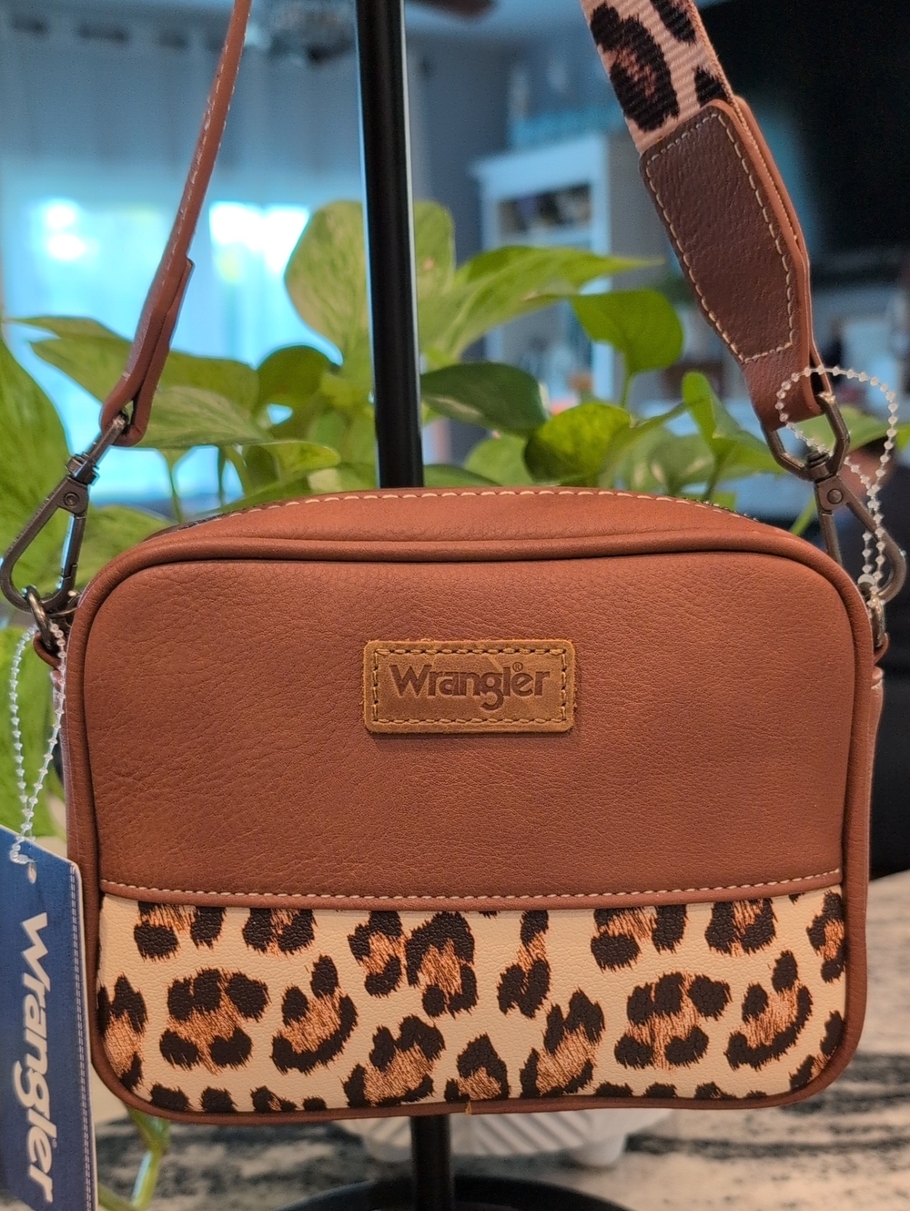 Wrangler Brown Crossbody with Leopard Print Panel And Crossbody Strap